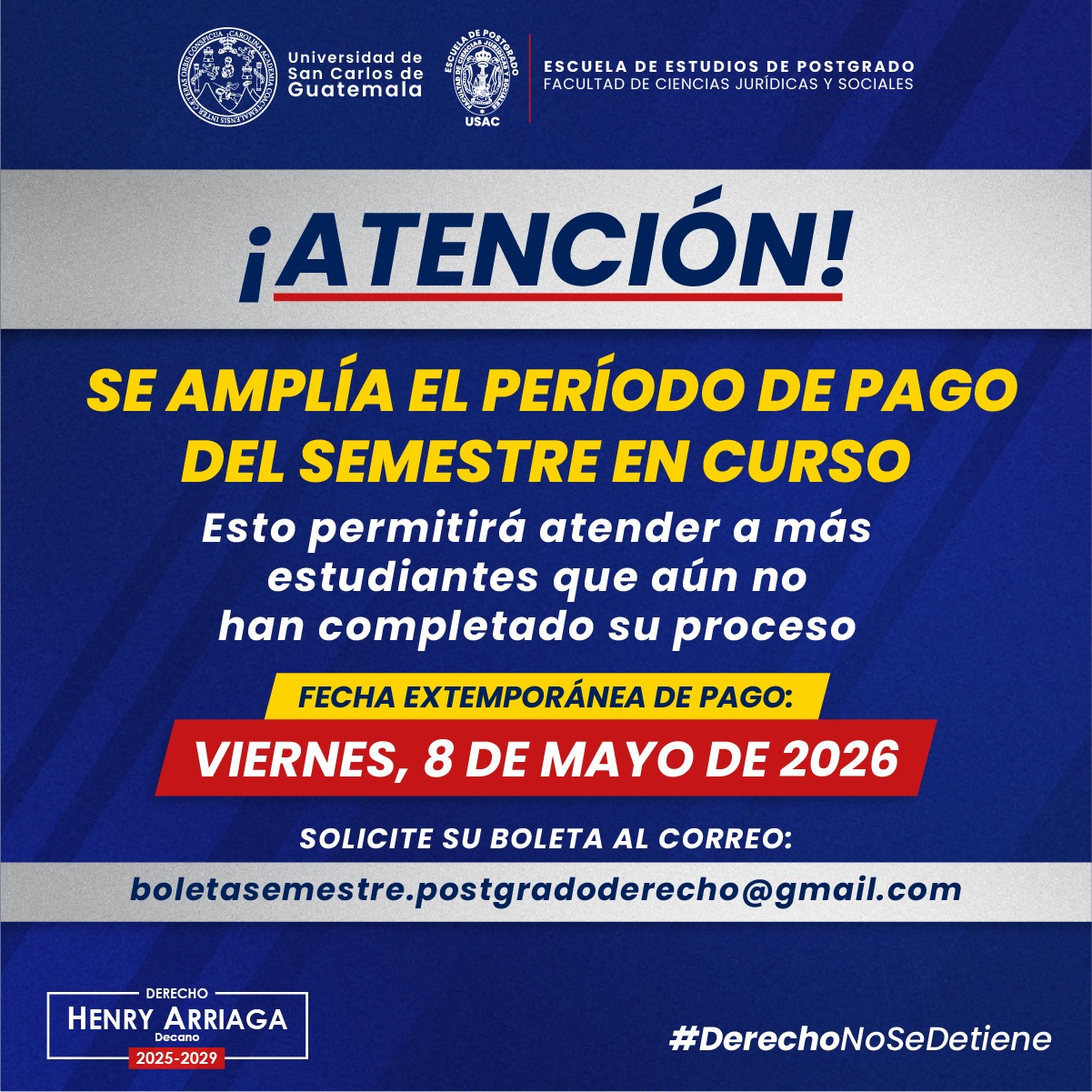 Aviso sobre pago de semestre para estudiantes de postgrado con fecha límite 30 de abril de 2026
